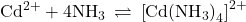 {\text{Cd}}^{\text{2+}}+4{\text{NH}}_{\text{3}}\phantom{\rule{0.2em}{0ex}}\rightleftharpoons\phantom{\rule{0.2em}{0ex}}{\left[\text{Cd}{\left({\text{NH}}_{3}\right)}_{4}\right]}^{\text{2}\text{+}}