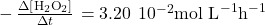 -\phantom{\rule{0.2em}{0ex}}\frac{\Delta\left[{\text{H}}_{2}{\text{O}}_{2}\right]}{\Delta t}\phantom{\rule{0.1em}{0ex}}=3.20\phantom{\rule{0.2em}{0ex}}×\phantom{\rule{0.2em}{0ex}}{10}^{-2}{\text{mol L}}^{-1}{\text{h}}^{-1}