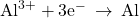 {\text{Al}}^{3+}+3{\text{e}}^{-}\phantom{\rule{0.2em}{0ex}}\rightarrow\phantom{\rule{0.2em}{0ex}}\text{Al}