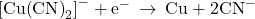 {\left[\text{Cu}{\left(\text{CN}\right)}_{2}\right]}^{-}+{\text{e}}^{-}\phantom{\rule{0.2em}{0ex}}\rightarrow\phantom{\rule{0.2em}{0ex}}\text{Cu}+2{\text{CN}}^{-}