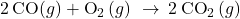 2\phantom{\rule{0.2em}{0ex}}\text{CO(}g)\right)+{\text{O}}_{\text{2}}\left(g\right)\phantom{\rule{0.2em}{0ex}}\rightarrow\phantom{\rule{0.2em}{0ex}}2\phantom{\rule{0.2em}{0ex}}{\text{CO}}_{\text{2}}\left(g\right)