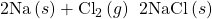 \text{2Na}\left(s\right)+{\text{Cl}}_{2}\left(g\right)\phantom{\rule{0.2em}{0ex}}⟶\phantom{\rule{0.2em}{0ex}}2\text{NaCl}\left(s\right)