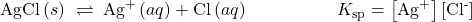 \text{AgCl}\left(s\right)\phantom{\rule{0.2em}{0ex}}\rightleftharpoons\phantom{\rule{0.2em}{0ex}}{\text{Ag}}^{\text{+}}\left(aq\right)+{\text{Cl}}^{\text{−}}\left(aq\right)\phantom{\rule{5em}{0ex}}{K}_{\text{sp}}=\left[{\text{Ag}}^{\text{+}}\right]\left[{\text{Cl}}^{\text{-}}\right]