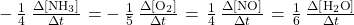 -\phantom{\rule{0.2em}{0ex}}\frac{1}{4}\phantom{\rule{0.2em}{0ex}}\frac{\Delta\left[{\text{NH}}_{3}\right]}{\Delta t}\phantom{\rule{0.1em}{0ex}}=-\phantom{\rule{0.2em}{0ex}}\frac{1}{5}\phantom{\rule{0.2em}{0ex}}\frac{\Delta\left[{\text{O}}_{2}\right]}{\Delta t}\phantom{\rule{0.1em}{0ex}}=\phantom{\rule{0.1em}{0ex}}\frac{1}{4}\phantom{\rule{0.2em}{0ex}}\frac{\Delta\left[\text{NO}\right]}{\Delta t}\phantom{\rule{0.1em}{0ex}}=\phantom{\rule{0.1em}{0ex}}\frac{1}{6}\phantom{\rule{0.2em}{0ex}}\frac{\Delta\left[{\text{H}}_{2}\text{O}\right]}{\Delta t}