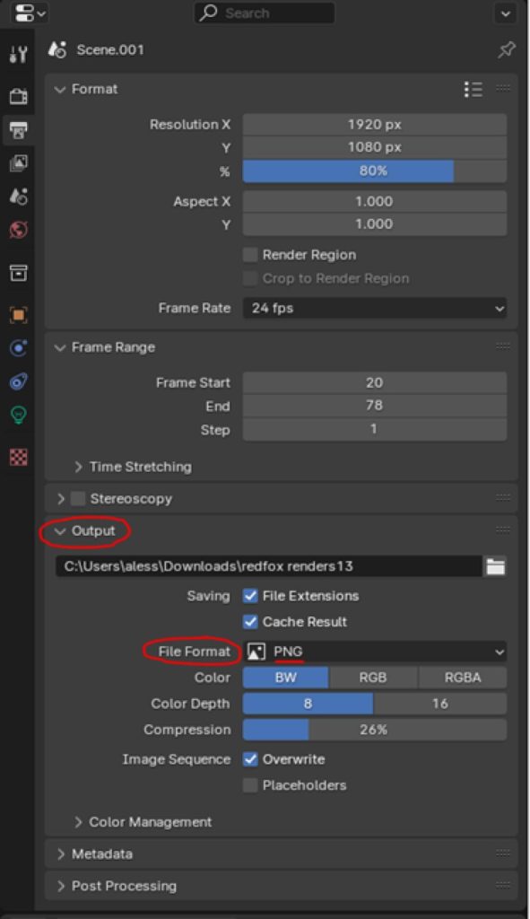 Blender render settings panel showing output configuration for Scene.001. Key settings include 1920x1080 resolution at 80%, 24fps frame rate, frames 20-78, and output to Downloads folder as PNG files. The "Output" and "File Format" sections are highlighted with red circles, indicating important render export options.