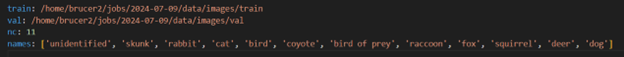 Image of a YAML file containing configuration information for the YOLO model, specifically for the Wild Winnipeg dataset. The file lists the classes to be detected, including their names and corresponding class indices, as well as the file paths for the training and validation datasets. The YAML file is a crucial component in training the YOLO model, as it provides the necessary information for the model to understand the label files and perform object localization tasks accurately. The image shows the classes listed in a specific format, with each class assigned a unique index, starting from 0 or 1, depending on the configuration.