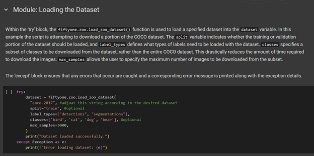 Image of a Jupyter Notebook module, specifically the Data Prep Jupyter Notebook, showing a code block with accompanying explanations and comments. The code block appears to be related to downloading a pre-made dataset from a platform such as Hugging Face, Kaggle, or FiftyOne Data Zoo. The module is designed to provide a step-by-step guide on how to download and prepare a dataset for model fine-tuning, with explanations of the script's format, function, and customizability. The image shows a coding environment with syntax highlighting, comments, and markdown formatting, indicating a tutorial or instructional content.