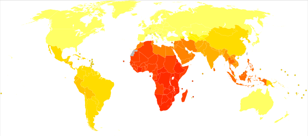 A map showing disability-adjusted life years for cataracts per 100,000 inhabitants in 2004.
