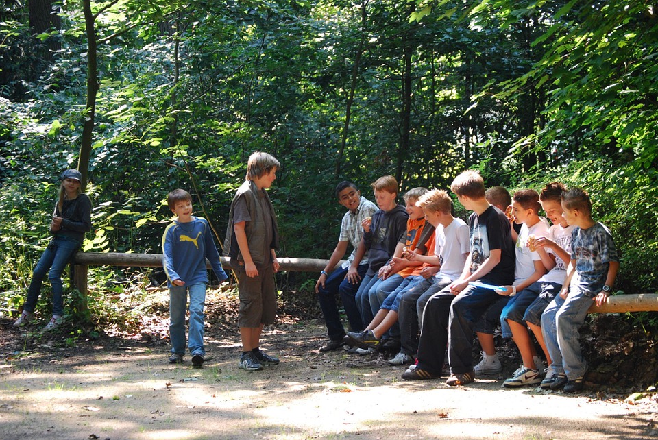 A group of teenagers sitting on a log in the woods.