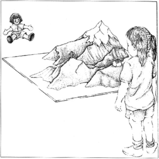 Drawing of a little girl looking at a doll that is behind a moutain