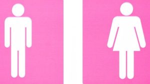 An illustration of two figures in stylized form, representing male and female, as used to mark washrooms. The figures are depicted in white against a pink background.