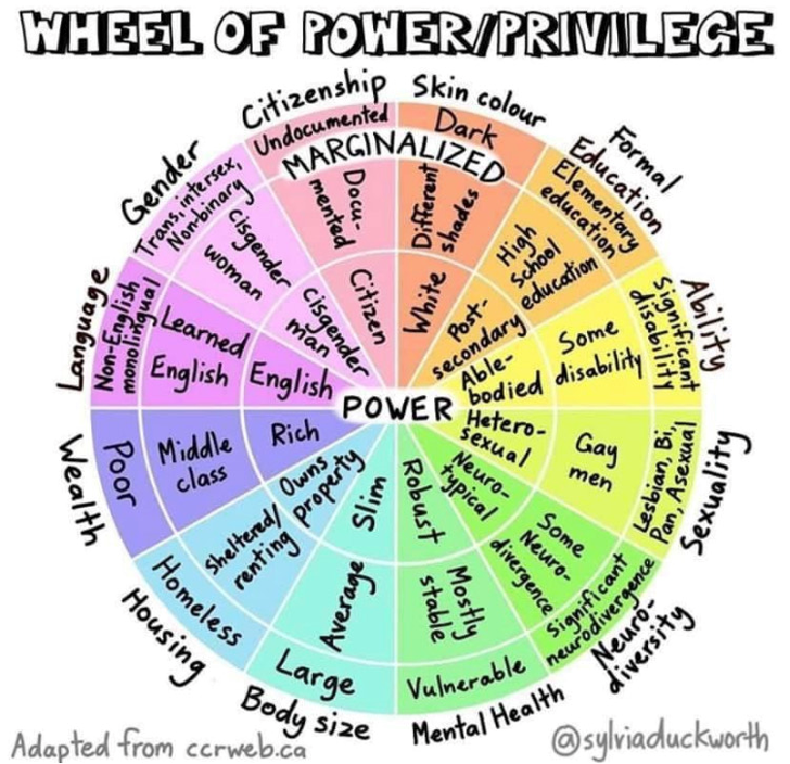 This is the Wheel of power or privilege which adapted from ccrweb.ca. An image description can be found from the following accordion.