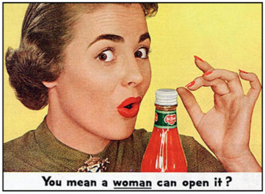 A vintage ad for ketchup that shows a woman saying "you mean a WOMAN can open it?"