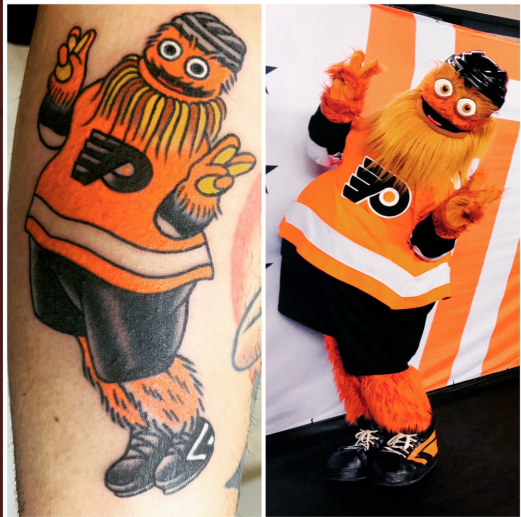 Side-by-side images of a tattoo of Gritty and the original photo that inspired it.