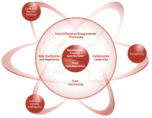 At the centre of interprofessional collaboration are relationship-focused care and services and team communication. Also important to interprofessional collaboration are  team functioning, role clarification and negotiation, collaborative leadership, and team differences/ disagreements processing.  These competency domains of collaboration depend on the complexity of the situation, the setting, and issues of Inclusion, access and equity.