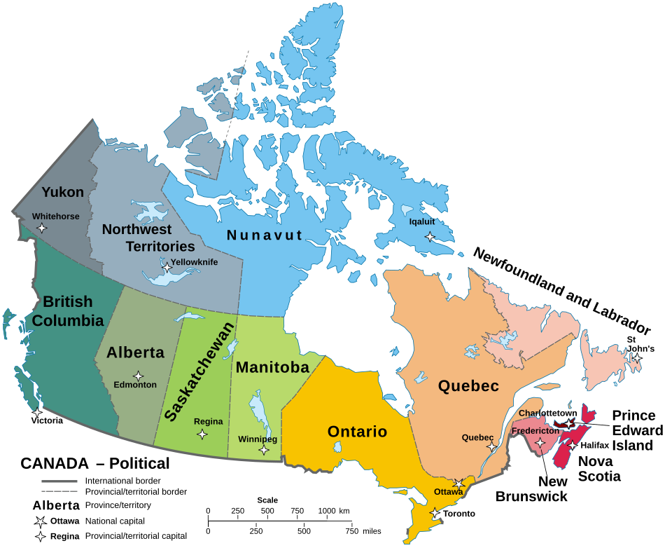 Map of Canada showing the provinces and territories and their capitals.