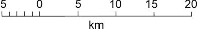 Graphic scale indicating 20 km divided into four 5 km increments going to the right from 0 and 5 km divided into five 1 km increments going to the left from 0.
