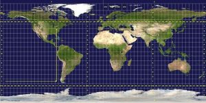 Map of Earth showing the locations of the 60 numbered zones of the UTM system, each 6 degrees latitude in width.