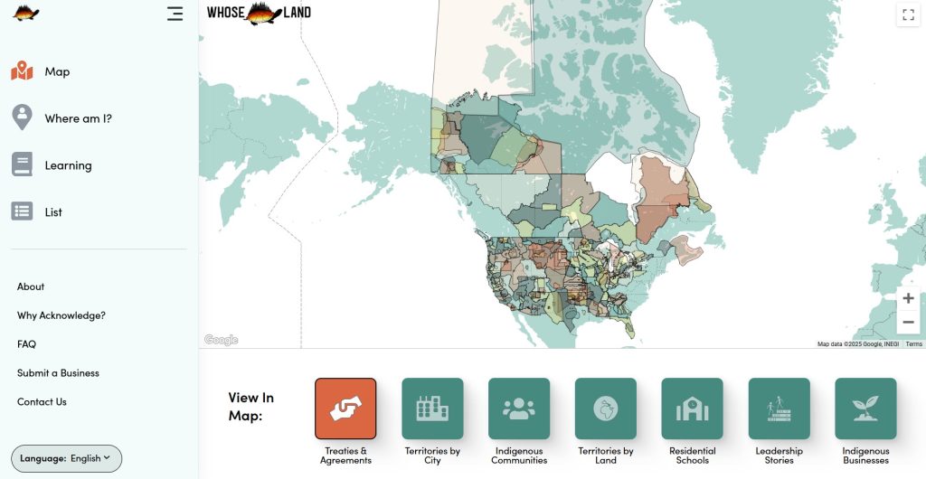 Screenshot of Whose Land homepage featuring a map of Canada, and different buttons for more information about each territory.