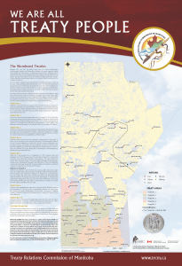 Map of Manitoba showing each First Nations community in the province. Top of map reads "We are all Treaty People" in large white text with the Treaty Relations Commission of Manitoba logo to the right. On the left hand side of the map is a body of text describing Treaty No. 1, No. 2, No. 3, No. 4, No. 5, No. 6, No. 10, and the Dakota Nation.