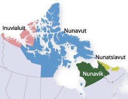 Map of Inuit Nunangat (Inuit Regions in Canada). From left to right: Inuvialuit, Nunavut, Nunavik, and Nunatsiavut.