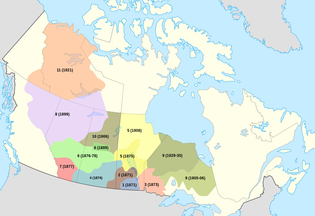 Map of Canada showing Numbered Treaties. Text on map lists Treaty Number and year the Treaty was signed. Counterclockwise, from top left: 11 (1921), 8 (1899), 6 (1876-78), 7 (1877), 10 (1906), 6 (1889), 4 (1874), 5 (1908), 5 (1875), 2 (1871), 1 (1871), 3 (1873), 9 (1929-30), 9 (1905-06)