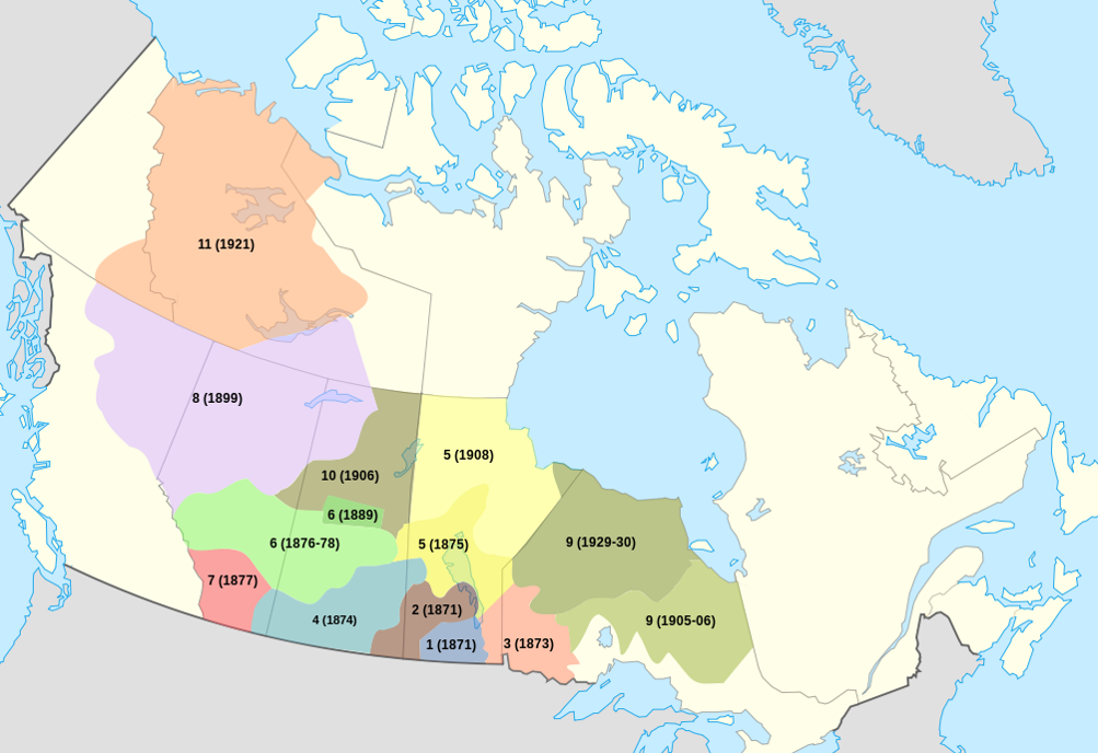 Map of Canada showing Numbered Treaties. Text on map lists Treaty Number and year the Treaty was signed. Counterclockwise, from top left: 11 (1921), 8 (1899), 6 (1876-78), 7 (1877), 10 (1906), 6 (1889), 4 (1874), 5 (1908), 5 (1875), 2 (1871), 1 (1871), 3 (1873), 9 (1929-30), 9 (1905-06) 