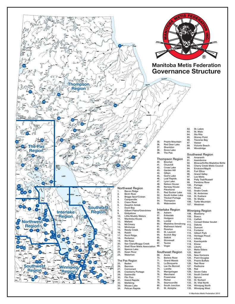 Map of Manitoba showing Métis communities throughout the province of Manitoba. Map is broken into 7 regions and has 135 total communities listed.