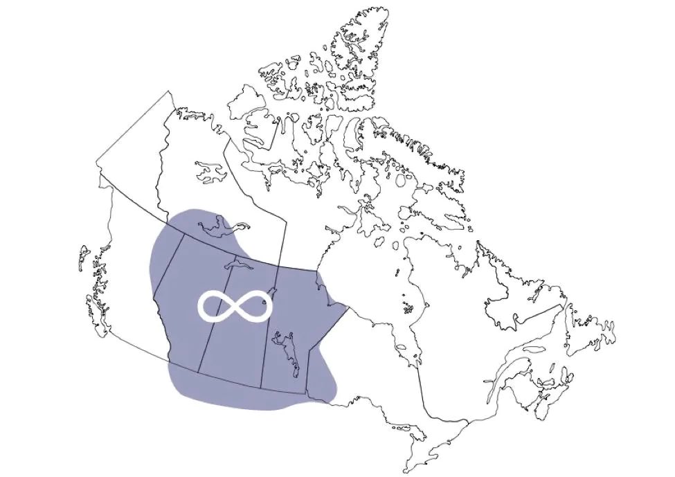 Map of Canada showing Metis Nation Homeland boundaries, highlighted in a blue-ish colour. Boundaries cover all of Manitoba, Saskatchewan and Alberta, with overlap into NorthWest Territories and the United State