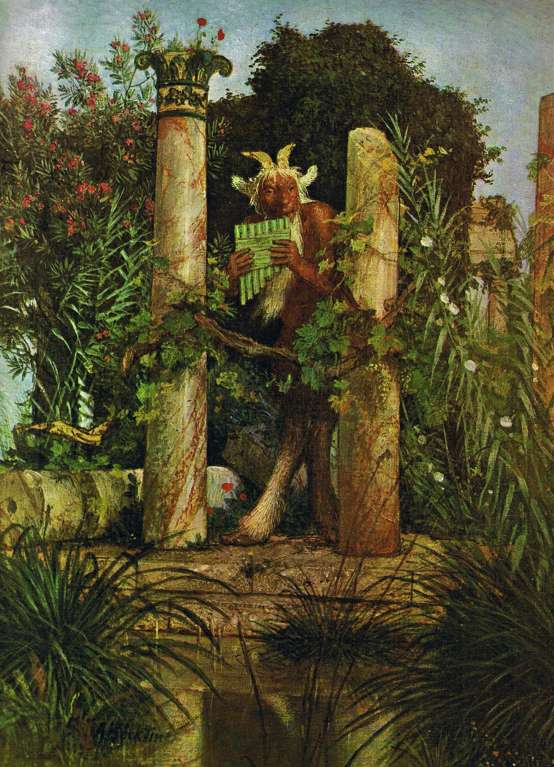 A painting of a mythological creature with hooves and horns standing among a ruin holding a pan flute. There is overgrowth of vines and foliage.
