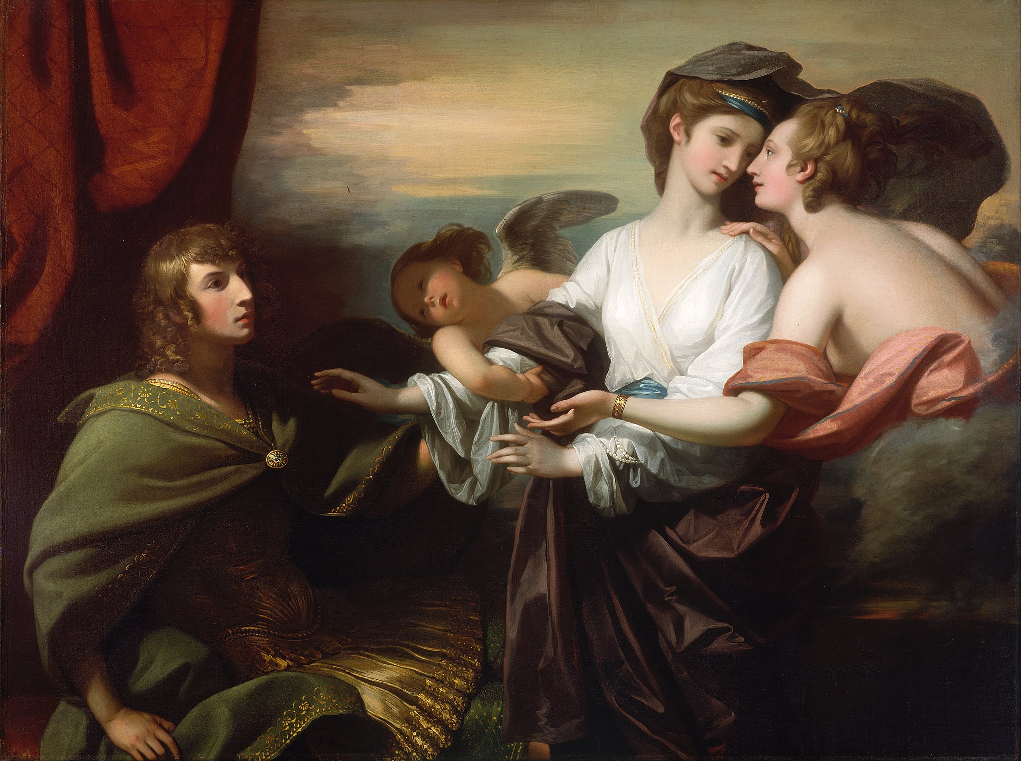 A painting depicting a conversational scene. There are two women (located on the right having a close exchange of words) with a small cherub looming in the background, holding a woman's arm. There is a man seated to the left, trying to engage in the conversation. The setting is in a theatre.