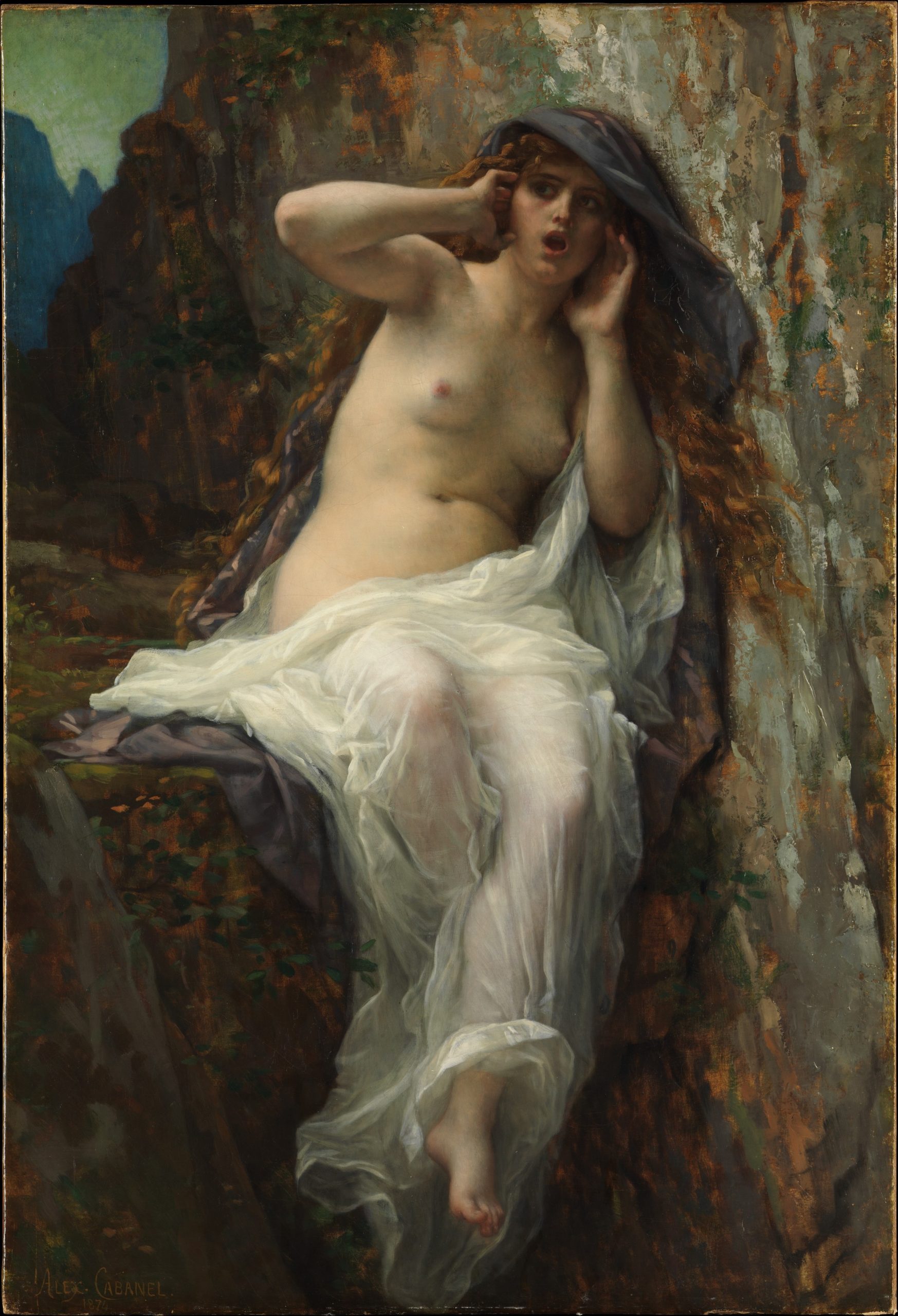 A painting of a woman with her mouth agape. She is partially draped in a transparent white material. This woman is seated on a large rocky ledge