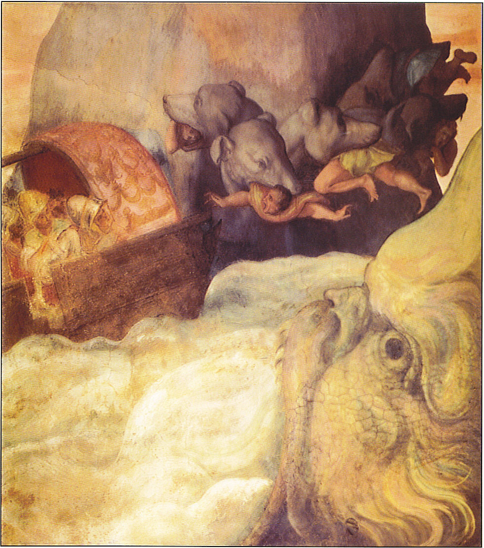 A painting of a chaotic scene with a man in the gape of a six-headed doglike creature's mouth and a whirpool created a giant below. There is a boat full of five men passing through crevice.