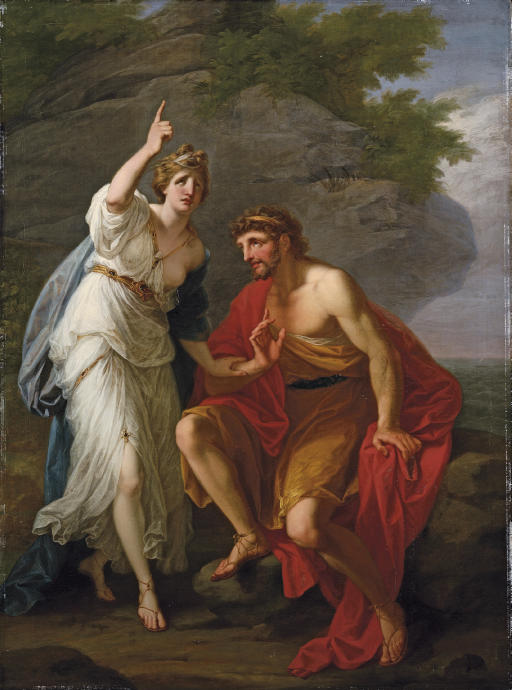 A painting of a man and a woman. The woman is to the left of the man standing up pointing her right hand up. The man is sitting down next to her almost in adoration. The woman is wearing a white gown with a blue cape. The man is wearing a yellow robe with a red cape. The setting is on a rocky ledge.