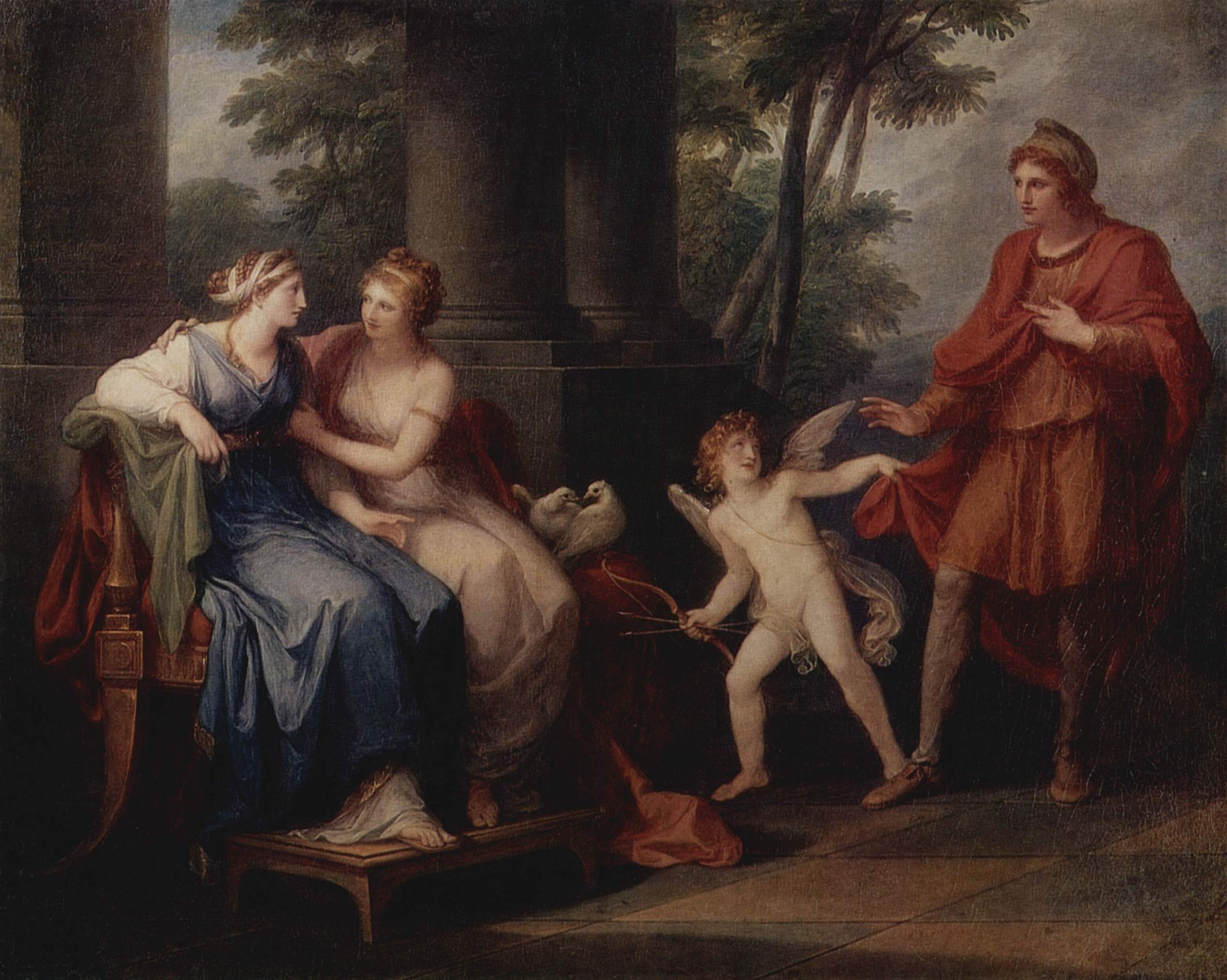 A painting of scene with three people and a cherub. One person (pictured on the right) is being guided toward two women by a cherub. The two women (pictured on the left) are comforting one another.