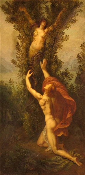 A painting depicting a female transforming into a tree while a male figure grasps onto her and the tree trunk.