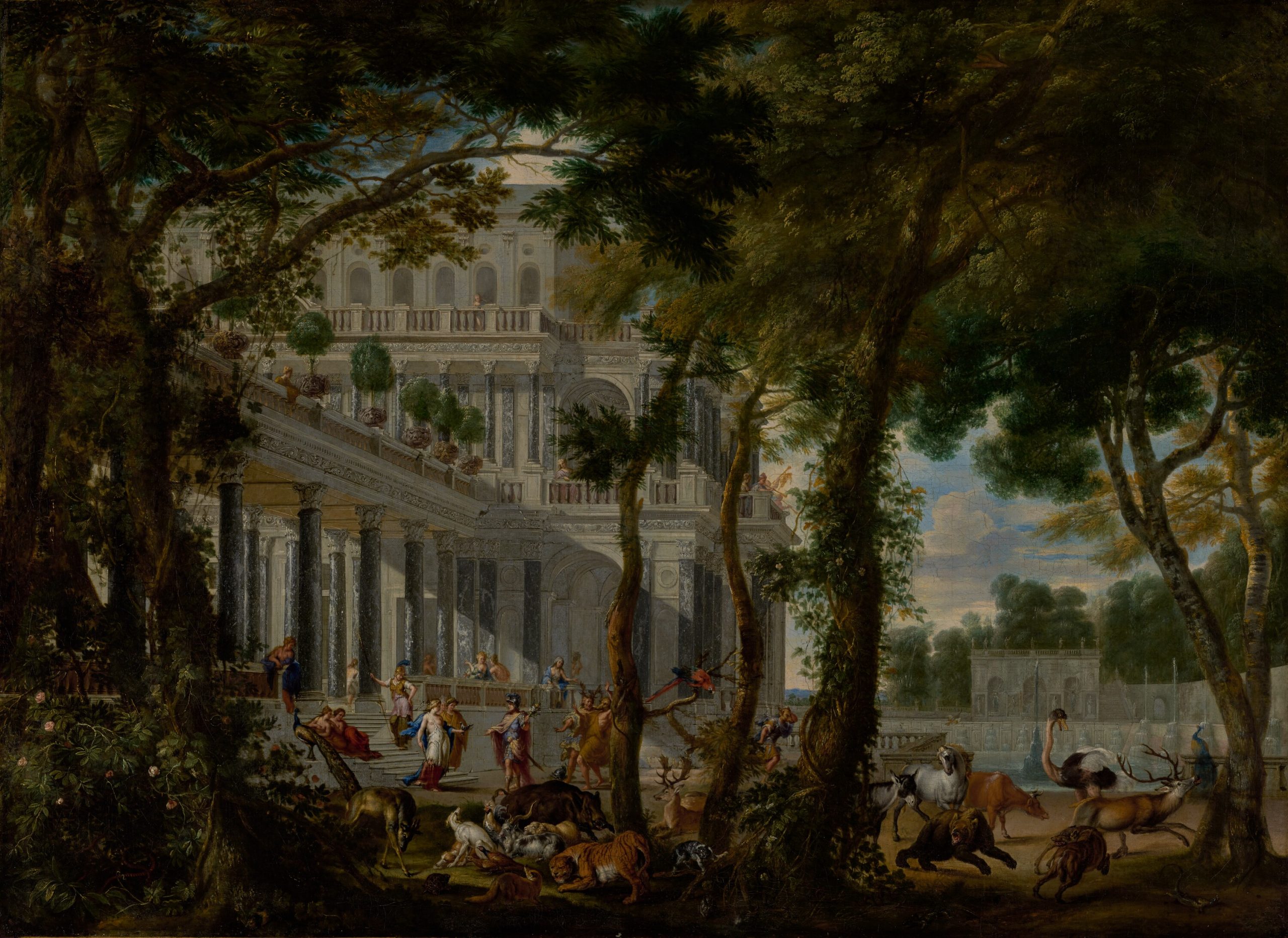 A painting of a scene where there are people and animals roaming about in front of large white palace with pillars.