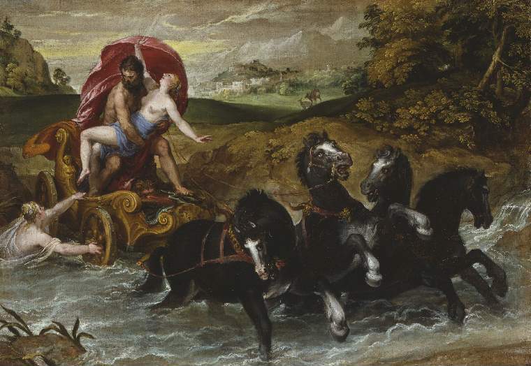 A painting of gallant knight holding a woman in his chariot who is in distress. There are four horses attached to the chariot who are galloping and thrashing in a river.