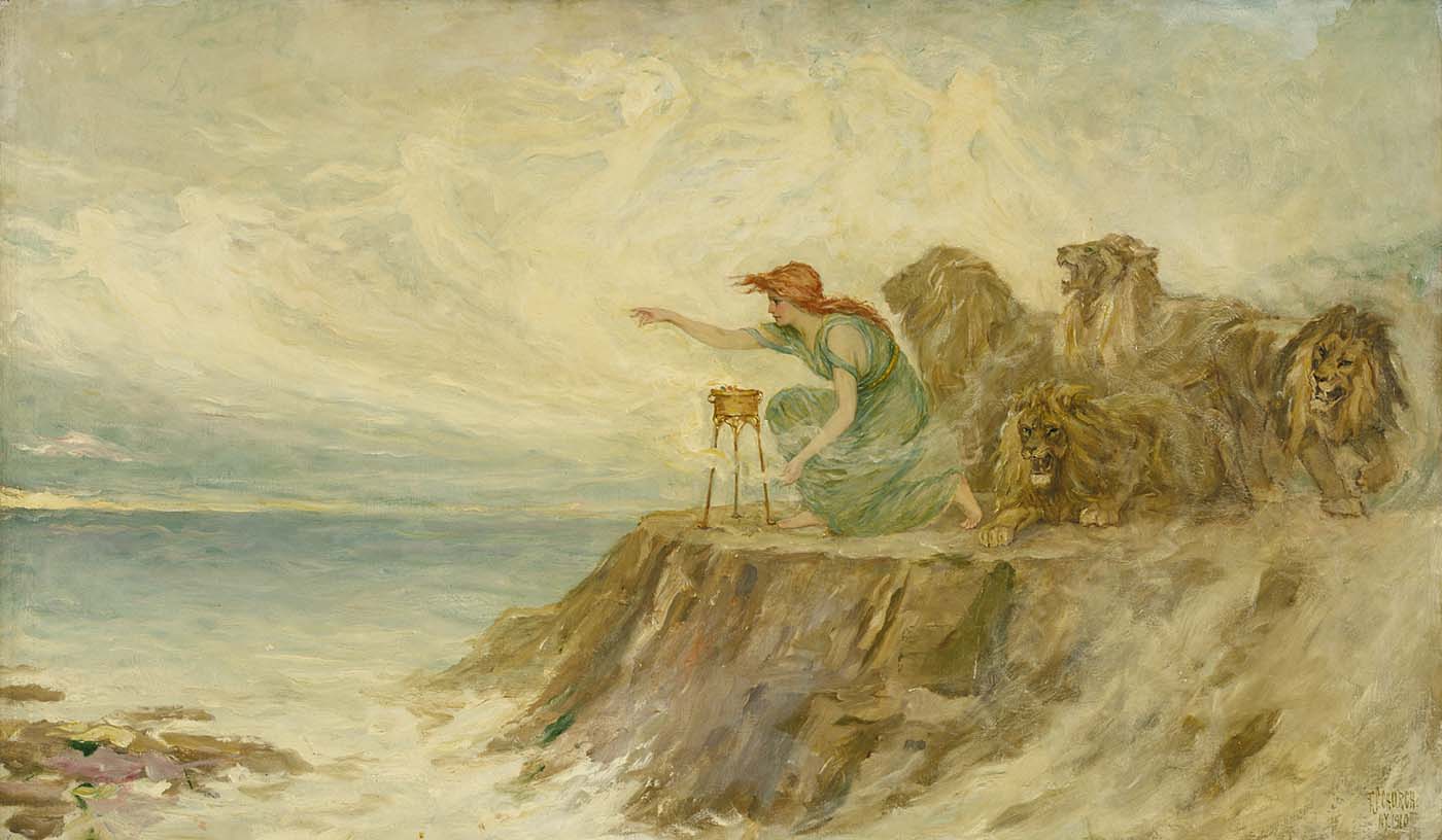 A group of lions rest behind a young girl who sits at the edge of a cliff and points out into the distance.