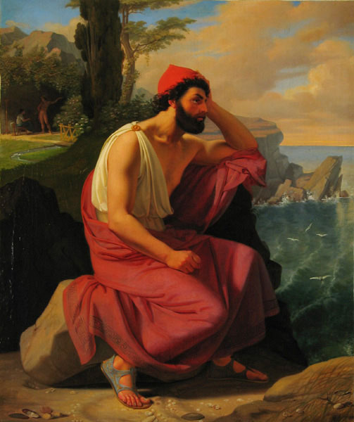 A painting of a man sitting on a rocky mountainside in red and white clothing and a distinct red hat on his head. He is resting his head on left arm staring off in the distant.