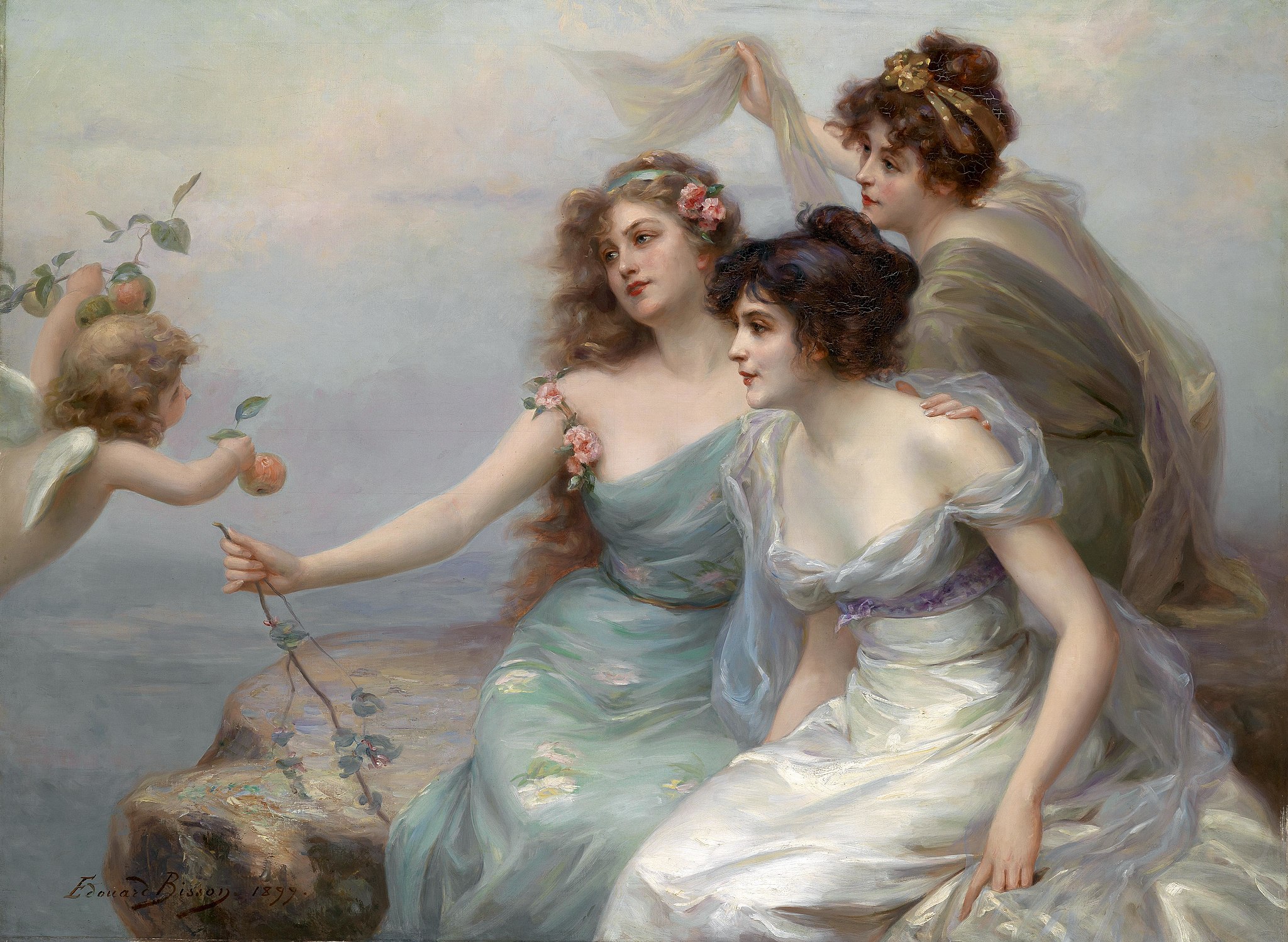 A painting of three women sitting on a rocky ledge. One of the women is reaching out to a cherub to grab a branch. Each woman is dressed in delicate flowy fabric. Their hair is adorned with flowers and ribbon crowns.