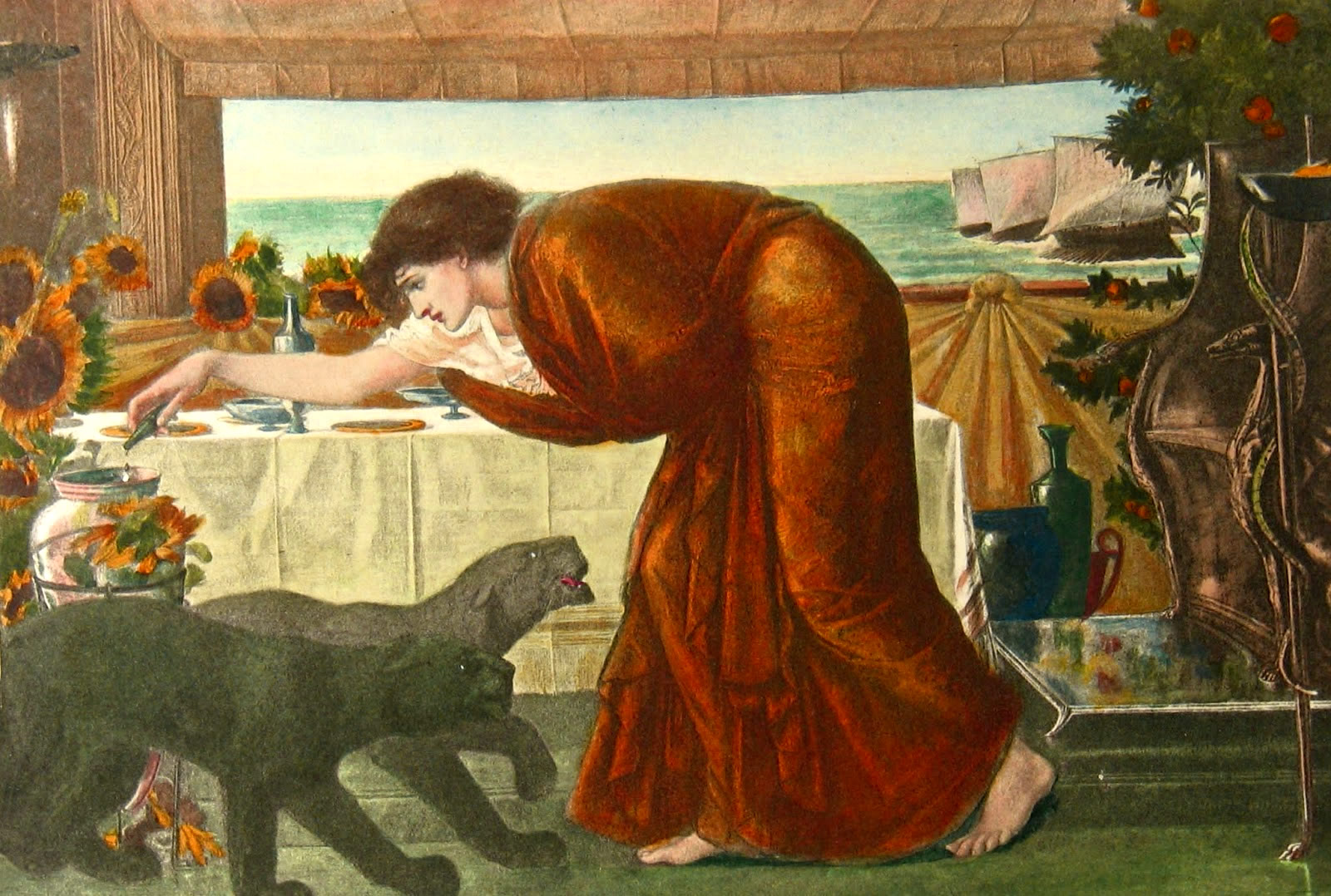 A painting of a woman reaching forward with a small container of liquid pouring into a larger vessel. She is in a decorated room with a table with white cloth. A leopard stands before her feet. The woman is wearing a burnt orange robe.