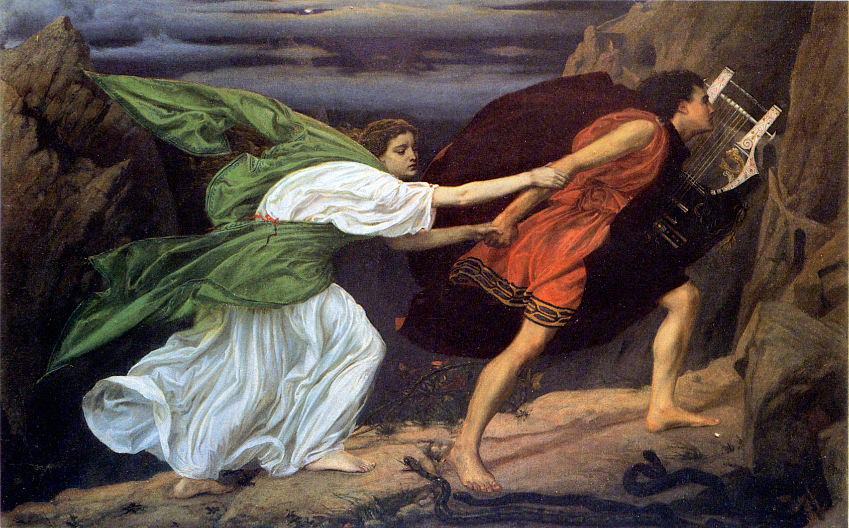 A painting of two people running (to the right of the frame). The person leading is a male, he is holding a harp and wearing a red cloak. The second person is a woman who is being strung along by the man. She is wearing a white cloak with a green cape. They are on a rocky ledge with snakes.
