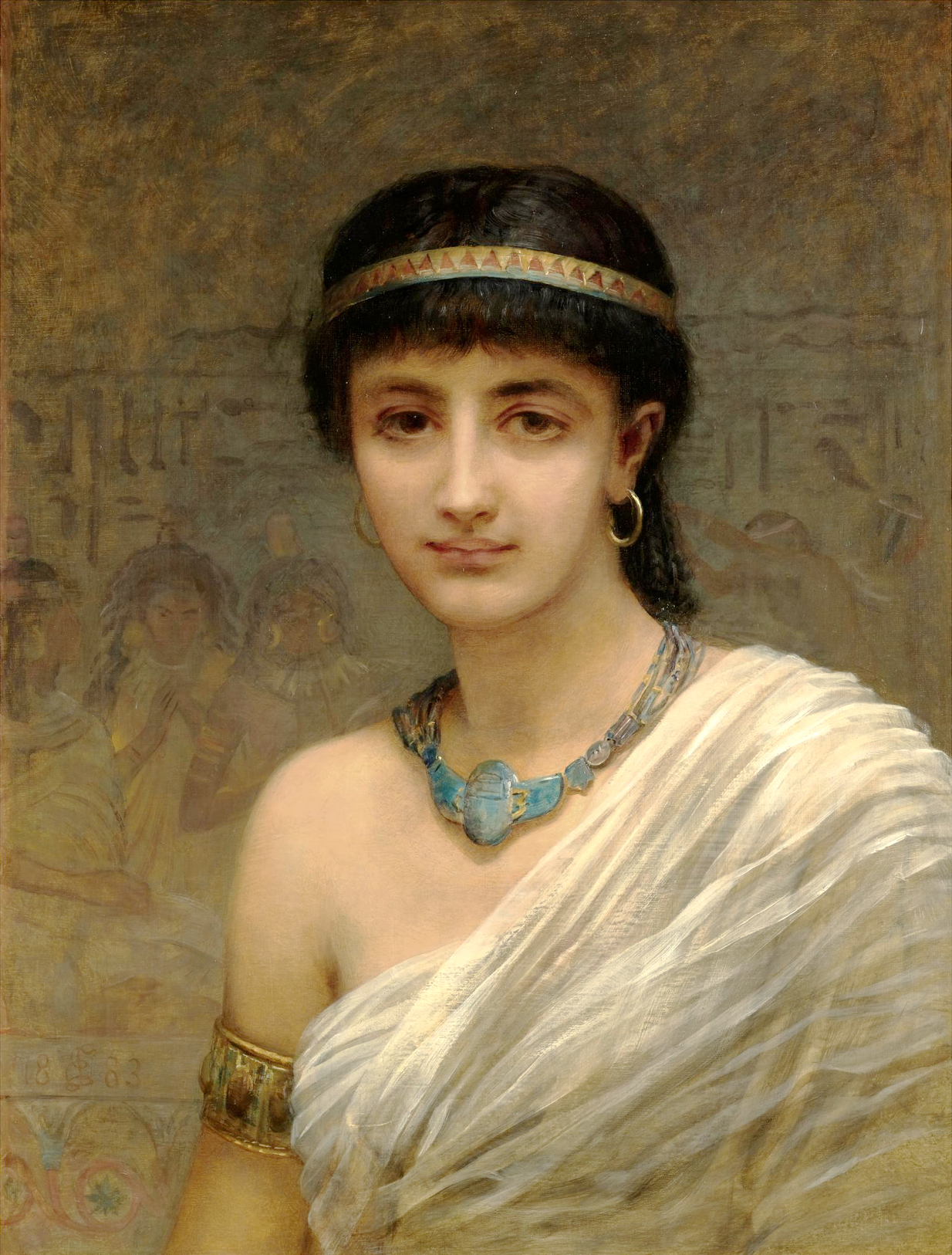 A portrait image of goddess Isis. The image portrays a half silhouette (head and upper torso). Isis is depicted as wearing a golden band across her dark hair that is tied back into a long braid. She is also adorned with an intricate gold and turquoise necklace and gold bangle on her right arm. Her left arm and upper chest are draped with white sheer cloth.