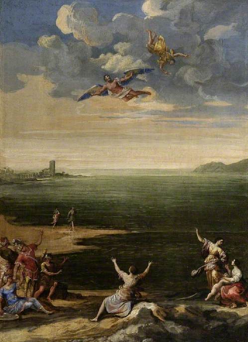 An intricate painting of people standing along a shoreline staring up at a figure flying with wings and another figure falling from the sky. The landscape is a scene with sand, rock, and water stretched across the horizon.