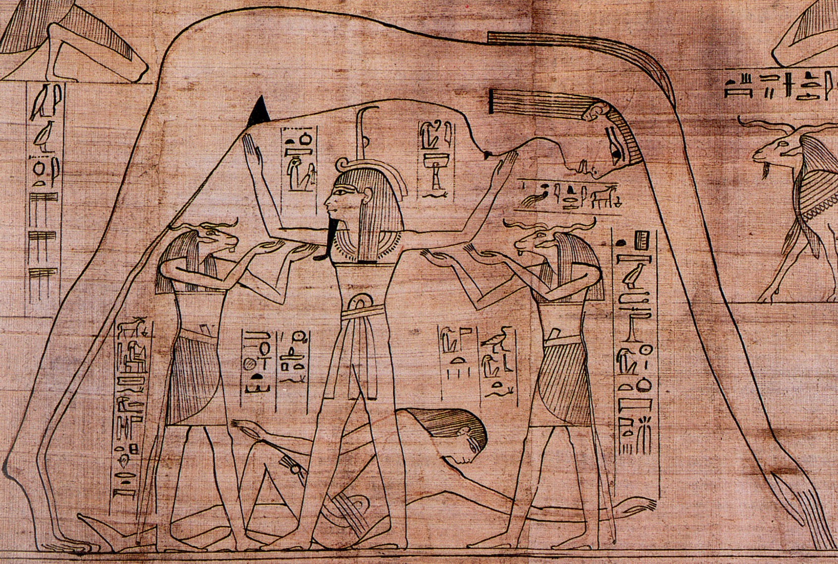 An Egyptian piece of art depicted on papyrus. The art shows three figures standing and one laying down. Nut, the Goddess of sky arched over them.