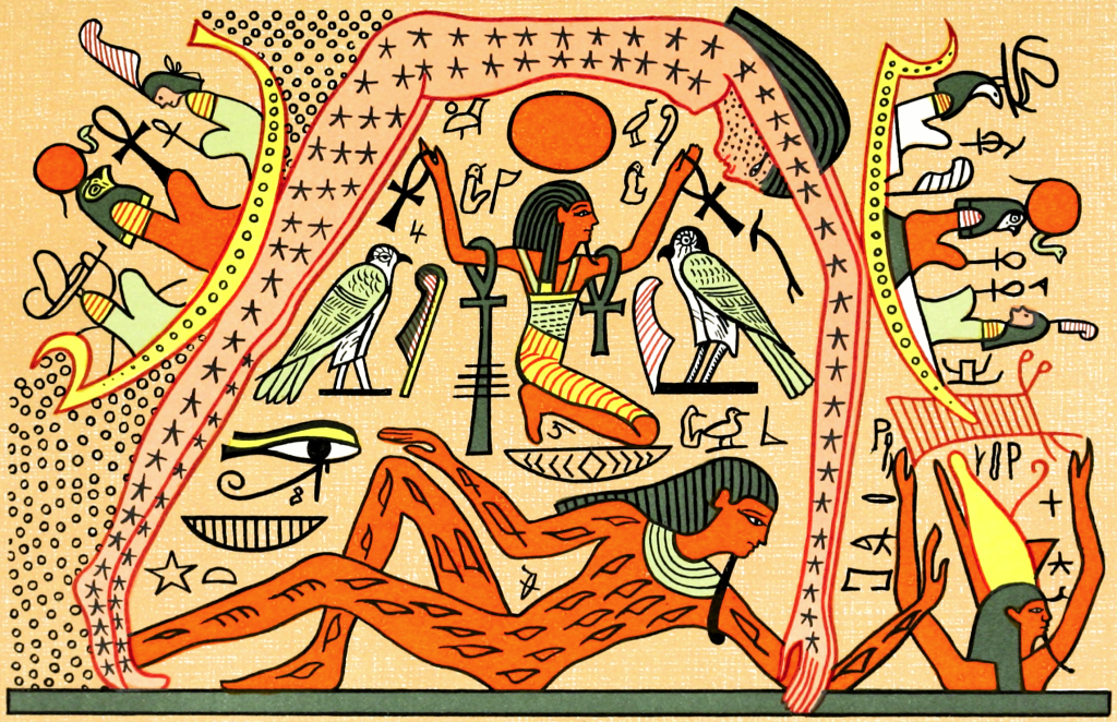 A full colour plate depicting two people. The first is sitting in a kneeling position reaching for the sky with Egyptian symbology (i.e., birds, the sun, etc.). The second figure is laying on the ground splayed out. The palette of this image is brightly coloured with orange, yellow, green. and black contrast.