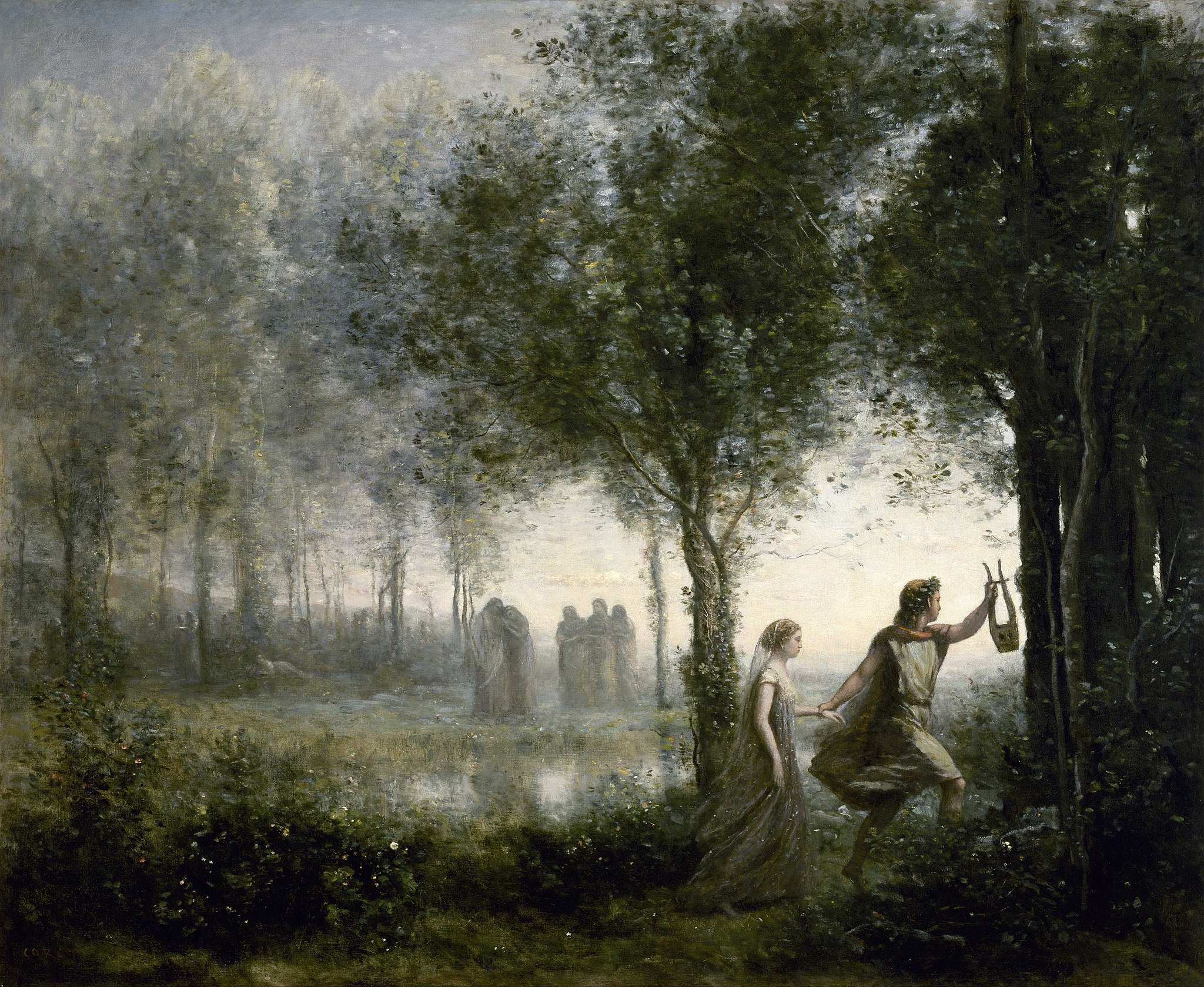 A painting of two figures running through a forest. The painting is darker in nature. The setting is in a dark foggy forest landscape with tall trees and pond in the background.