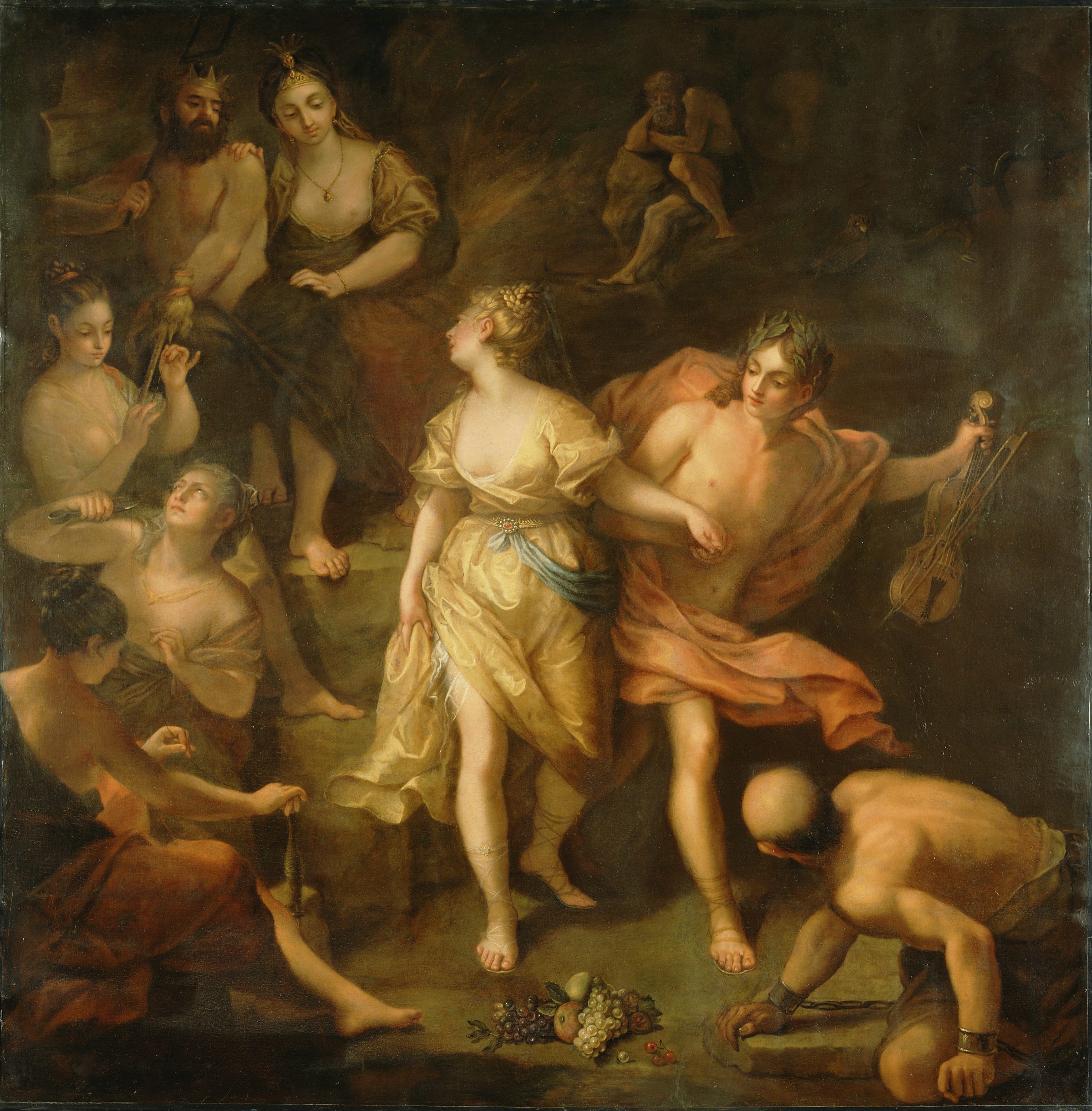 An intricately painted piece with multiple figures. These figures are depicted in a dramatic way all facing one another like in a busy room full of conversation.