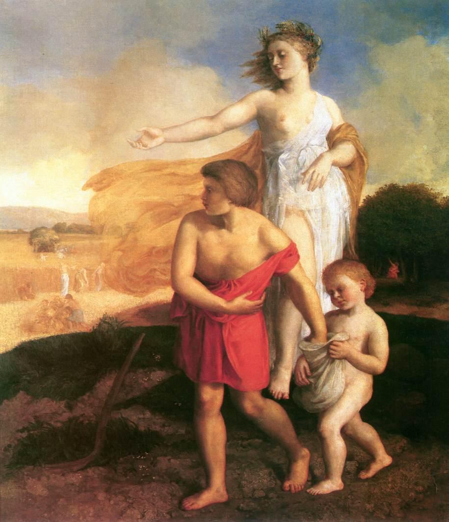 A painting of Ceres and Triptolemos in a field with grains